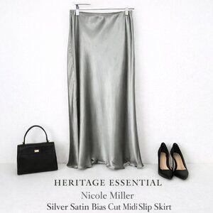 Nicole Miller Silver Satin Bias-Cut Midi Slip Skirt Silky Luxe Minimalist Sz XS